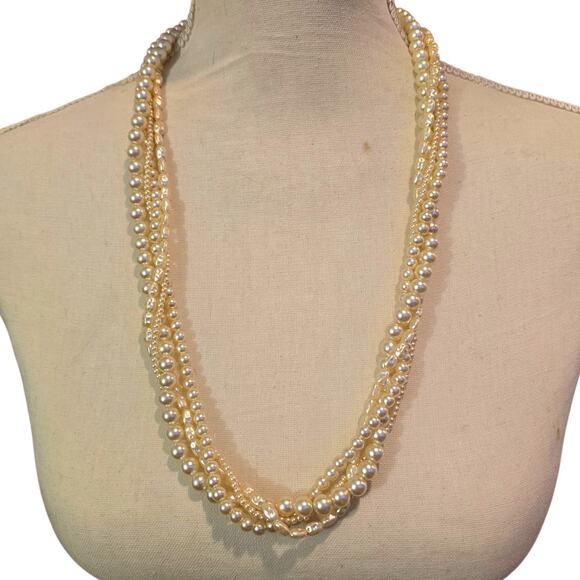 Vintage Multi Strand Faux Pearl Necklace Braided Layered Cream Gold Tone 18-20” - Picture 1 of 7